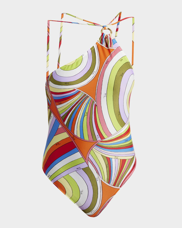 Iride-Print Asymmetric Halter One-Piece Swimsuit